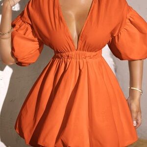 Elegant Orange Puff Sleeve Dress